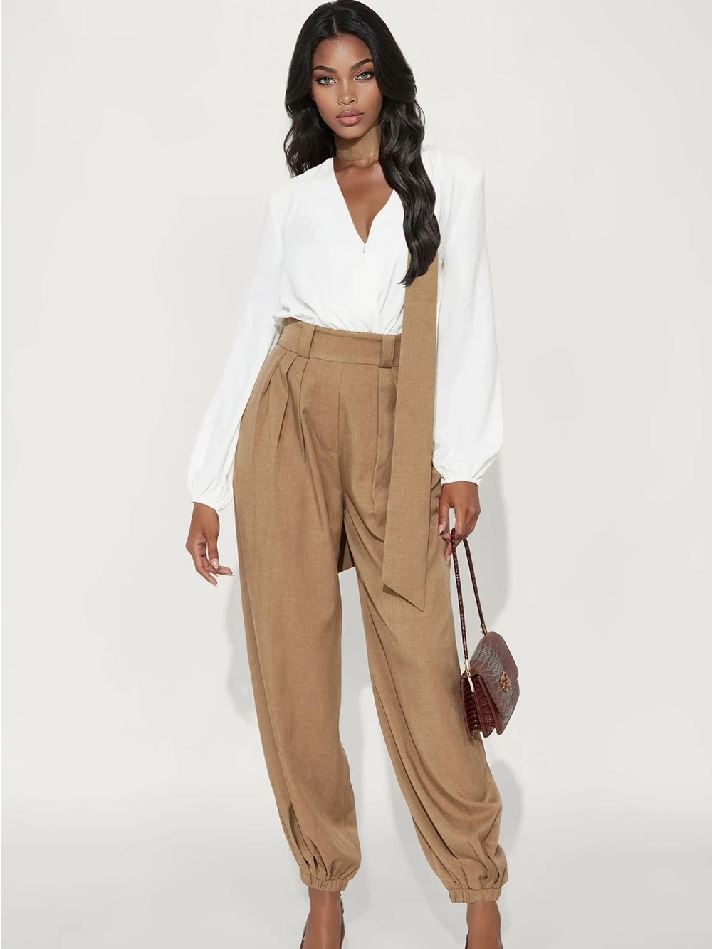 Fashion Nova Camel High-Waist Tie-Waist Jogger Pants